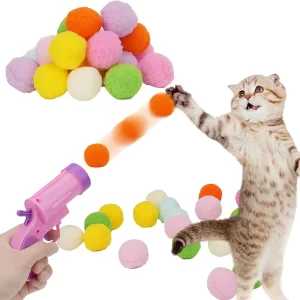 100PCs Cat Toy Ball with 2 Launcher Guns, Interactive Pet Toy Shooter Plush Balls, Cat Plush Balls Fetch Toy Fun Indoor Cat Toys for Bored Adult Cats Enhances Exercise, Cute Kitty Toys