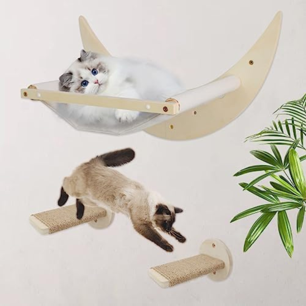 Cat Hammock Wall Mounted with Two Steps, Wooden Cat Wall Shelves and Perches for Sleeping, Playing, Climbing, and Lounging Hold up to 40 Pounds