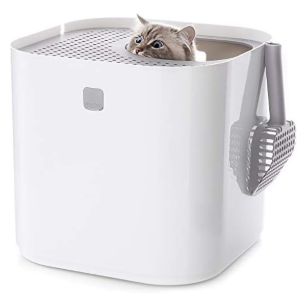 Modkat Top-Entry Cat Litter Box, Stylish Modern Design, Includes Scoop & Reusable Liner, Reduces Litter Tracking, White, Durable Plastic, Perfect for Small to Medium Cats