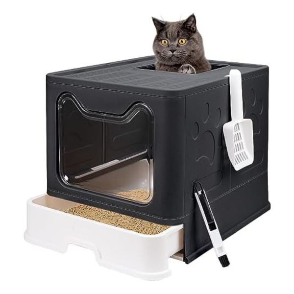 Fophop Foldable Cat Litter Box with Lid, Enclosed, Top Entry, Anti-Splashing Cat Toilet, Easy to Clean, Includes Cat Litter Scoop and 2-in-1 Cleaning Brush (Black) Large