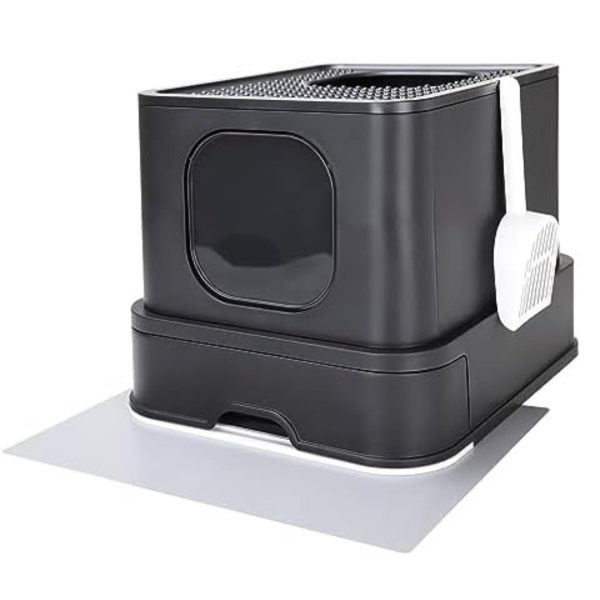 RIZZARI Millions Sold Worldwide Cat Litter Box, Large Top Entry, Anti-Splashing Enclosed Plastic Litter Box with Lid, Handy Scoop, Drawer Type Cat Toilet, Pure Black