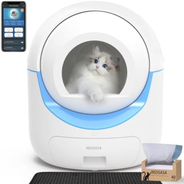 DAONEG Self Cleaning Cat Litter Box, Automatic Cat Litter Box for Multi Cats, Smart Safety Protection Cat Litter Box, Odor Isolation/APP Control, Large Capacity Litter Box with Liner Bags/Mat/Toys