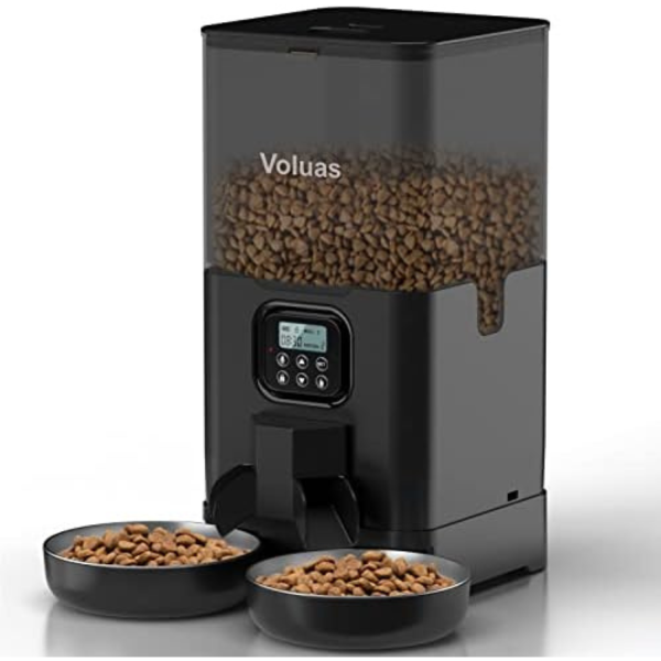 Voluas 6L Automatic Cat Feeders for Two Cats, Double Pet Feeder with 2 Stainless Steel Bowls, Timed Cat Feeder with Memory Function, Pet Food Dish