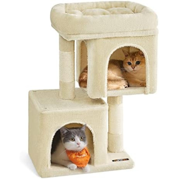 Feandrea Cat Tree, 26.4-Inch 2 Level Cat Tower, Small Cat Condo for Kittens up to 7 lb, Large Cat Perch, 2 Cat Caves, Scratching Post, Beige