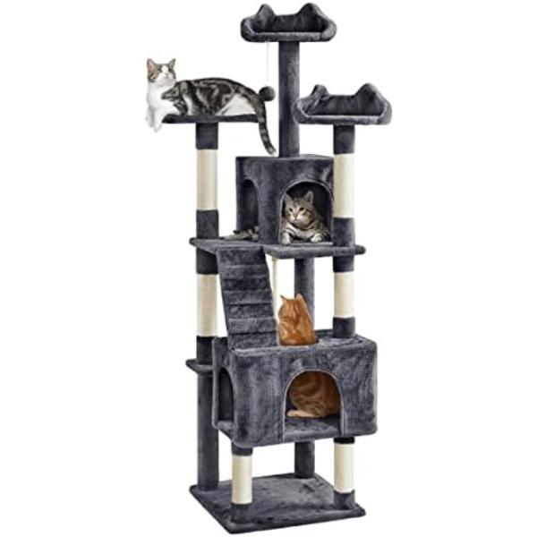 Yaheetech 72in XL Cat Tree, 6 Level Cat Tower with 2 Cozy Caves, 3 Soft Perches, Scratching Posts, Scratching Board, and Dangling Ball – Dark Gray Cat Furniture Play House for Kittens