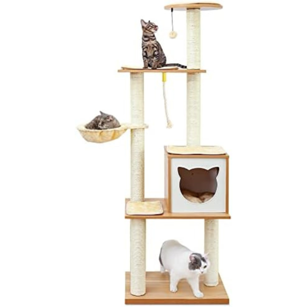 Made4Pets 66" Cat Tree, Tall Cat Tower for Indoor Cats, Wood Condo with Hammock, Scratching Post, and Removable Pads for Small and Large Cats