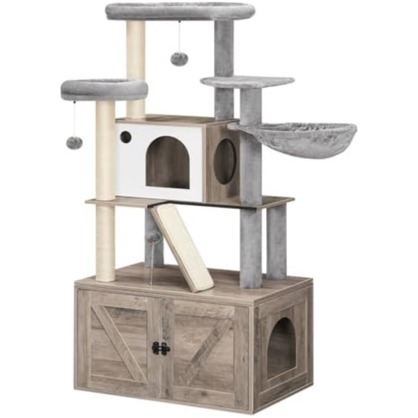 HOOBRO 59 Inch Cat Tree with Litter Box Enclosure, 2-in-1 Versatile Cat Tower with Hidden Litter Box, Cat Condo, Dangling Balls, Scratching Posts, Scratching Board