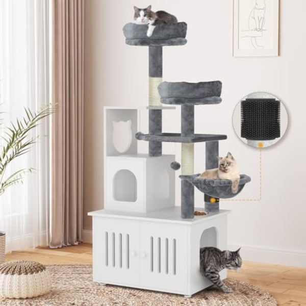 YITAHOME 59" Cat Tree with Litter Box Enclosure, 2-in-1 Cat Furniture Condo, Indoor Cat Tower with Wood House, Perch, Feeding Station, Hammocks, Scratch Post, Hair Brush, White
