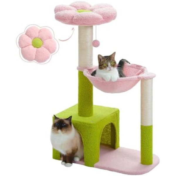 MUTTROS 35in Flower Cat Tree with Large Metal Frame Hammock, Cat Tower with Sisal Scratching Posts for Small Indoor Cats, Cat Condo with Pink Top Perch - Pink