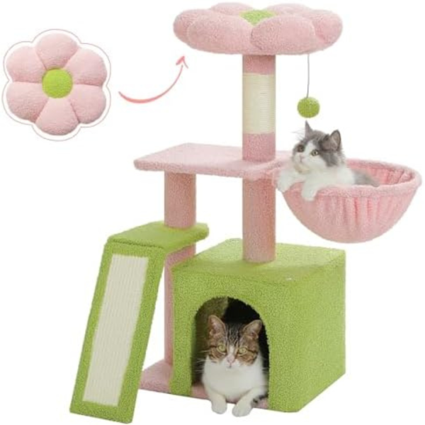 PETEPELA 32'' Flower Cat Tree for Indoor Cats, 3 Levels Small Cat Tower Condo with Sisal Scratching Ramp, Cozy Hammock, and Removable Flower Bed Perch for Kittens