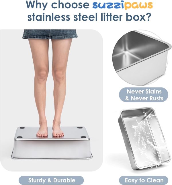 Suzzipaws Enclosed Stainless Steel Cat Litter Box with Lid - Extra Large XL Metal Litter Pan for Big Cats, High Wall Sides Enclosure, Non-Sticky, Anti-Leakage, Easy Cleaning - Image 5