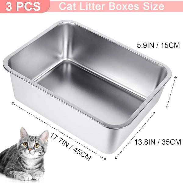 MYFAMIREA 3Pcs Stainless Steel Cat Litter Boxes, Metal Kitty Litter Boxes, No Smell, Non Stick, Rustproof, Easy to Clean Litter Pans for Small Cats Rabbits, 17.7" x 13.8" x 5.9" Large - Image 6