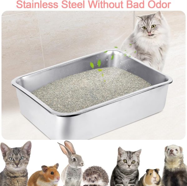 MYFAMIREA 3Pcs Stainless Steel Cat Litter Boxes, Metal Kitty Litter Boxes, No Smell, Non Stick, Rustproof, Easy to Clean Litter Pans for Small Cats Rabbits, 17.7" x 13.8" x 5.9" Large - Image 5