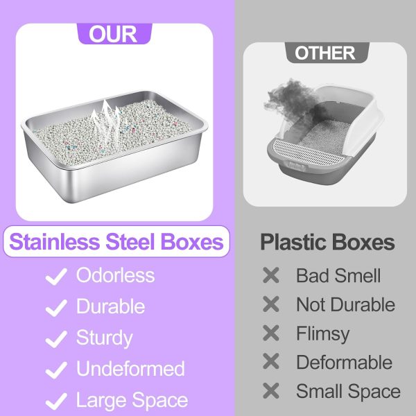 Phepetroll Stainless Steel Cat Litter Box Large Metal Litter Box Sturdy Kitty Cat Litter Pan for Pets Rustproof, No Smell, Non Stick, Smooth Surface - Image 4