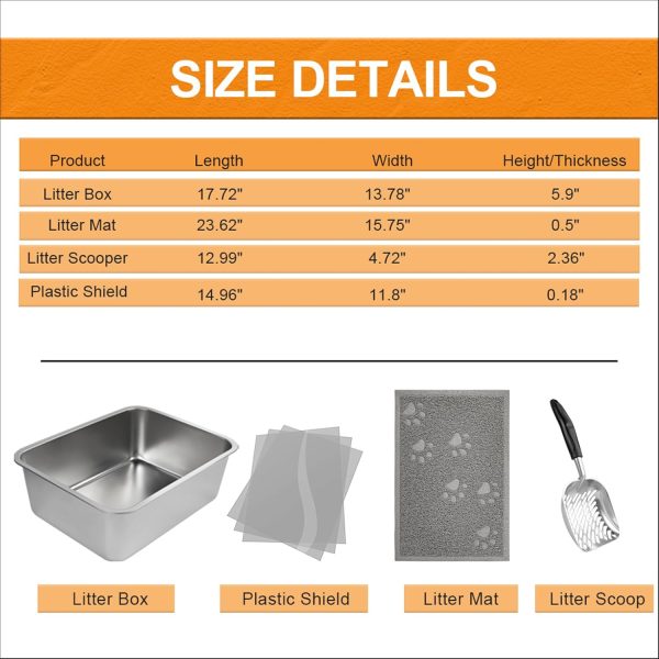 kunigoner 2 Sets Stainless Steel Litter Box, Metal Litter Box 17.7"x13.8"x5.9", Cat Litter Box with Plastic Shield High Sides, Cat Litter Scoops, Cat Litter Mats for Multiple Cats - Image 8