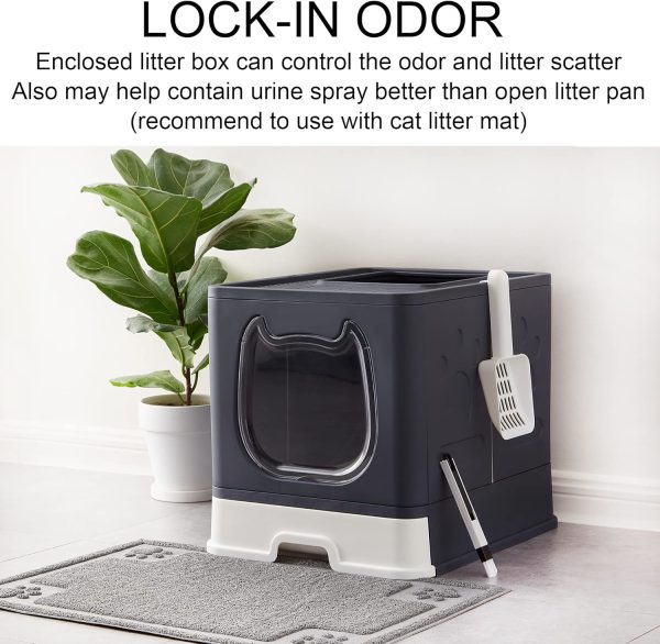 Suhaco Cat Litter Box with Lid, Foldable Top Entry Litter Box for Small and Medium Cats, Drawer Type Litter Tray with Scoop & 2-in-1 Cleaning Brush, Black - Image 5