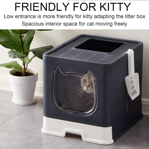 Suhaco Cat Litter Box with Lid, Foldable Top Entry Litter Box for Small and Medium Cats, Drawer Type Litter Tray with Scoop & 2-in-1 Cleaning Brush, Black - Image 4