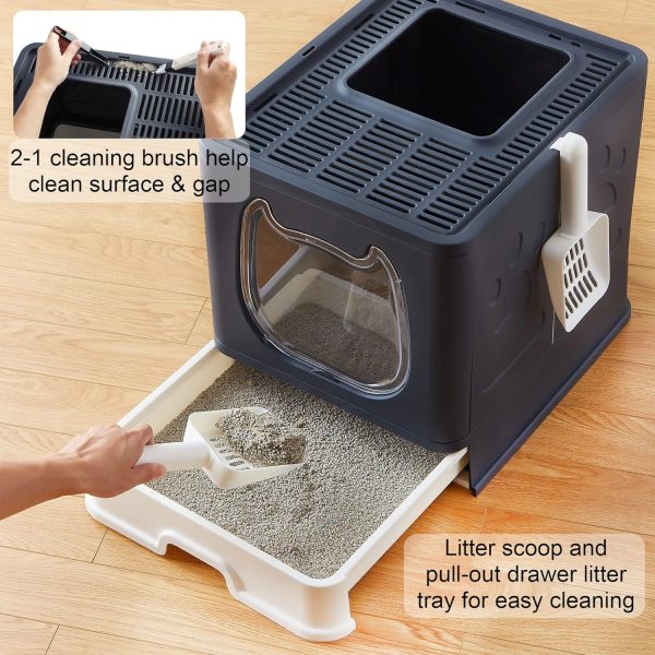 Suhaco Cat Litter Box with Lid, Foldable Top Entry Litter Box for Small and Medium Cats, Drawer Type Litter Tray with Scoop & 2-in-1 Cleaning Brush, Black - Image 3