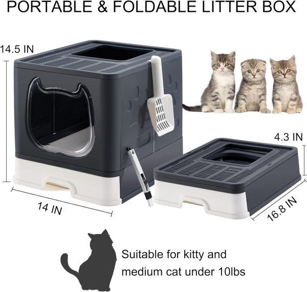 Suhaco Cat Litter Box with Lid, Foldable Top Entry Litter Box for Small and Medium Cats, Drawer Type Litter Tray with Scoop & 2-in-1 Cleaning Brush, Black - Image 2