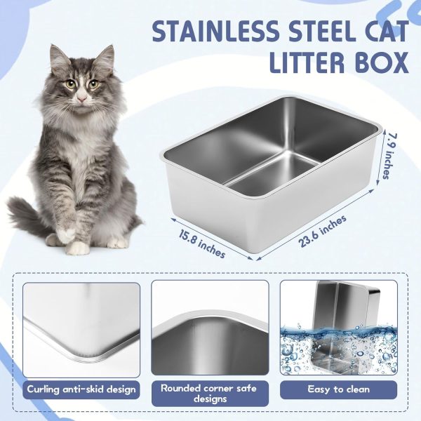 Tioncy 2 Pack Extra Large Stainless Steel Cat Litter Box, 2 Cat Litter Scoop, 2 Cat Litter Mat, 12 Corner Splash Guard Never Absorbs Odor, Rustproof, Non Stick Smooth Surface (23.6 x 15.8 x 7.9 inch) - Image 6