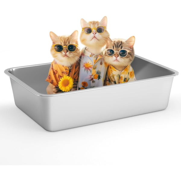 IKITCHEN Large Stainless Steel Cat Litter Box with High Side, Metal Litter Box for Cats Rabbits, Never Absorbs Odors Stain Free, Rustproof