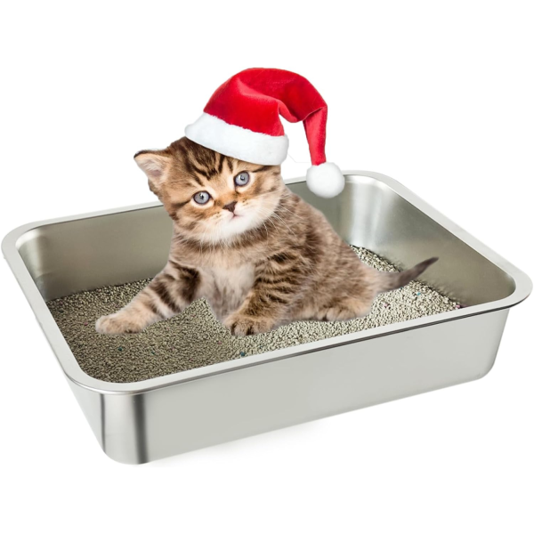 Chuyouan Stainless Steel Litter Box for Kitten, Low Entry Open Metal Litter Pan for Kittens Smooth Surface Durable Litter Pan