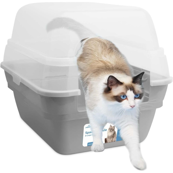 Petfamily Cat Litter Box, Large Foldable Jumbo Hooded with Transparent Lid,Grey