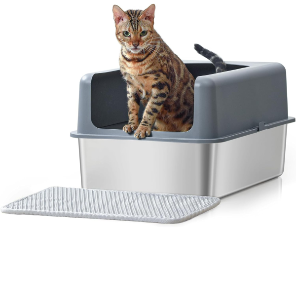 Super Penguin Stainless Steel Cat Litter Box with Lid - Pawque Extra Large Enclosure for Big Cats, Non-Sticky, Anti-Leakage Metal Cat Litter Pan Tray with Easy Cleaning and Litter Mat