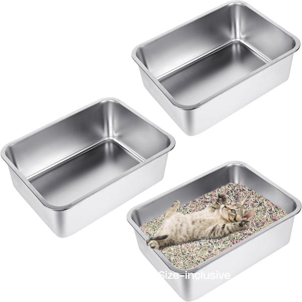 MYFAMIREA 3Pcs Stainless Steel Cat Litter Boxes, Metal Kitty Litter Boxes, No Smell, Non Stick, Rustproof, Easy to Clean Litter Pans for Small Cats Rabbits, 17.7" x 13.8" x 5.9" Large