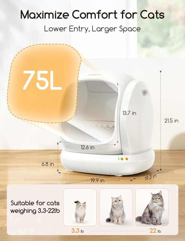 MeoWant Self-Cleaning Cat Litter Box, 75L Extra Large Open Automatic Cat Litter Box for Multi Cats, Integrated Safety Protection/APP Control/Odor Removal Smart Litter Box with Mat & Liner - Image 2
