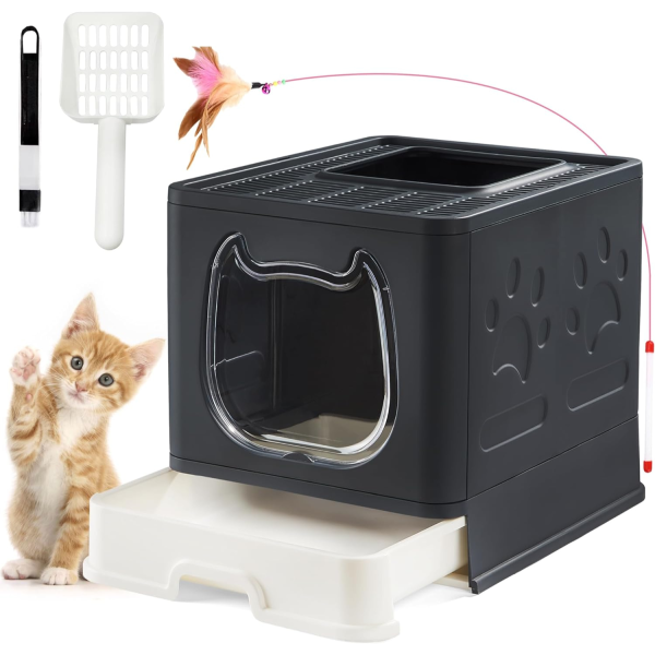 Suhaco Cat Litter Box with Lid, Foldable Top Entry Litter Box for Small and Medium Cats, Drawer Type Litter Tray with Scoop & 2-in-1 Cleaning Brush, Black