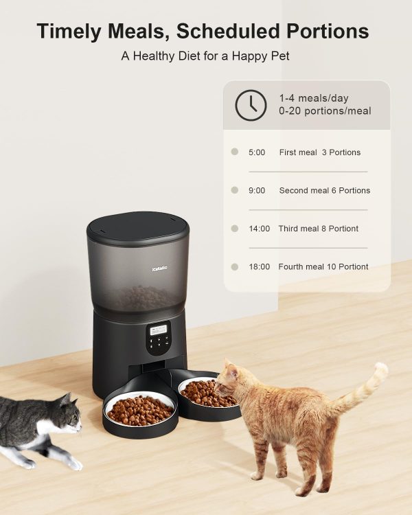 Katalic Automatic Cat Feeders for Two Cats, 6L/25.4 cup Double Automatic Cat Food Dispenser with 2 Stainless Bowls,10s Meal Call and Timer Setting 20 Portions 4 Meals Per Day - Image 2