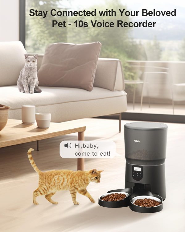 Katalic Automatic Cat Feeders for Two Cats, 6L/25.4 cup Double Automatic Cat Food Dispenser with 2 Stainless Bowls,10s Meal Call and Timer Setting 20 Portions 4 Meals Per Day - Image 3