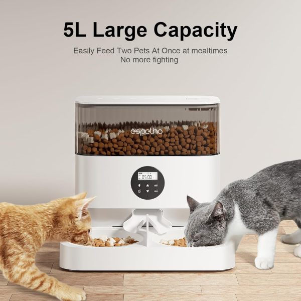 Espelho Automatic Cat Feeder, 5L Timed Cat Food Dispenser 2 cats with 2 Way Splitter, 10s Meal Call Programmable Portion Control Pet Feeder with Desiccant Bag - Image 5