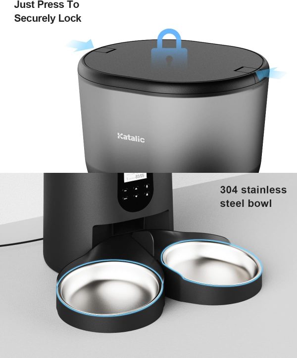 Katalic Automatic Cat Feeders for Two Cats, 6L/25.4 cup Double Automatic Cat Food Dispenser with 2 Stainless Bowls,10s Meal Call and Timer Setting 20 Portions 4 Meals Per Day - Image 5