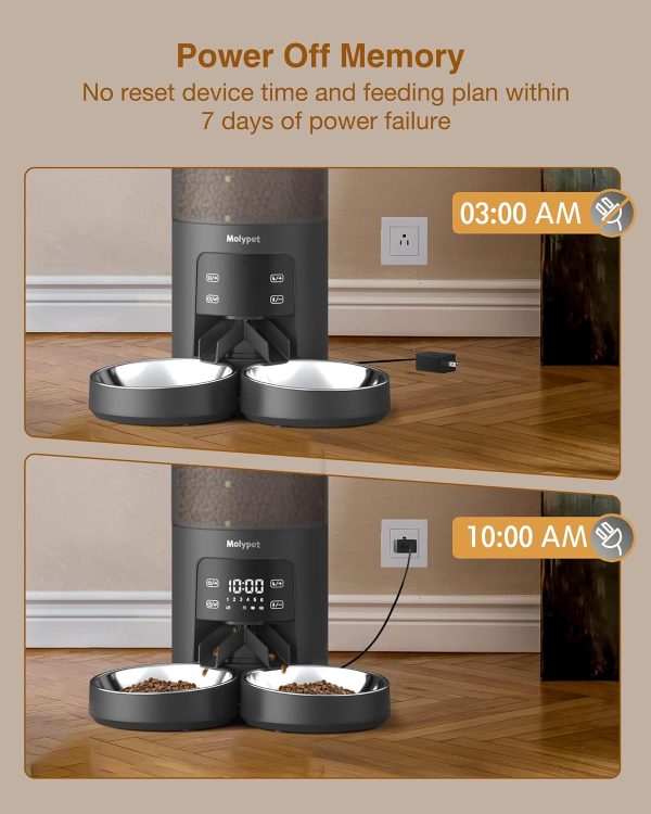 Molypet Automatic Cat Feeders for 2 Cats - 6L Cat Food Dispenser with Double Bowls, Programmable Timed Cat Feeder up to 6 Meals per Day with 10S Voice Recorder, Support Dual Power Supply - Image 4