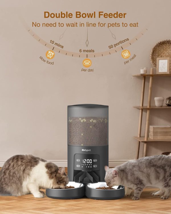 Molypet Automatic Cat Feeders for 2 Cats - 6L Cat Food Dispenser with Double Bowls, Programmable Timed Cat Feeder up to 6 Meals per Day with 10S Voice Recorder, Support Dual Power Supply - Image 7