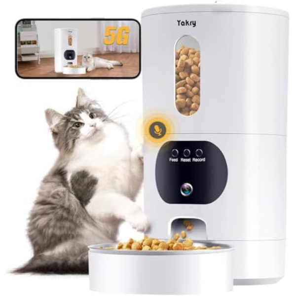 Yakry Automatic Cat Feeders Camera 5G, WiFi Easy to Clean Timed Smart Dog Food Dispenser 2-Way Audio Memory Function Pet Feeder HD 1080P Video Record APP Control Dry Food