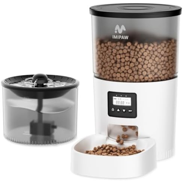 IMIPAW Automatic Cat Feeder and Water Fountain, Timed Pet Dry Food Dispenser, Programmable Portion Control, 1-6 Meals Per Day, Cat Fountains for Drinking with Filter, Small Pets (3L Combo)