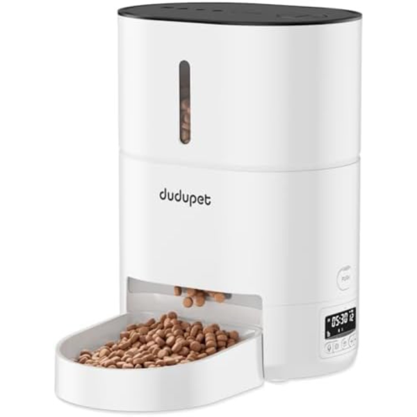 DUDUPET Timed Automatic Cat Feeder with Fully Enclosed Freshness Chamber - 4L Automatic Cat Food Dispenser Battery Operated, 6 Meals 120 Portions Per Day, 10S Dining Voice Record, White