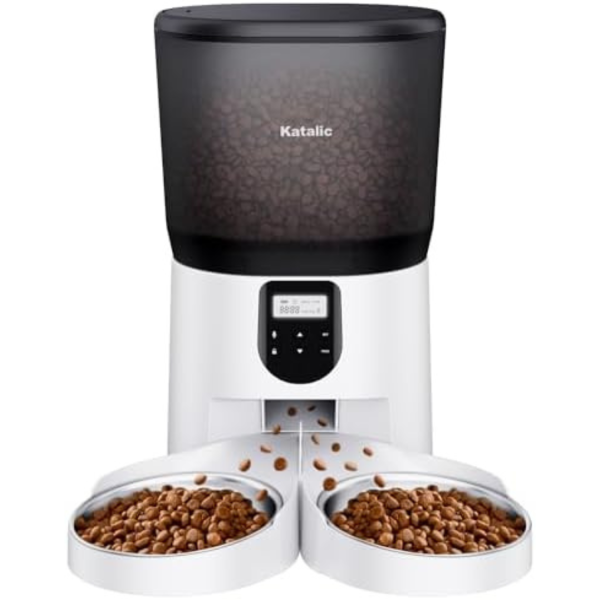 Katalic Automatic Cat Feeders for Two Cats, 6L/25.4cup Double Automatic Cat Food Dispenser with 2 Stainless Bowls,10s Meal Call and Timer Setting 20 Portions 4 Meals Per Day