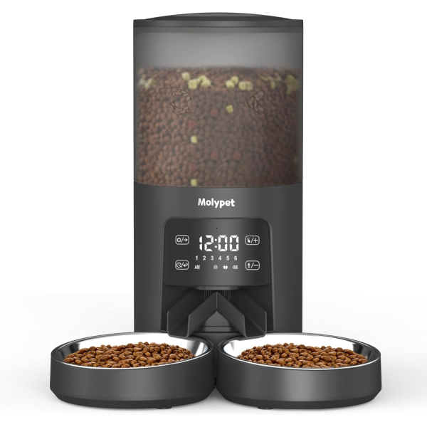 Molypet Automatic Cat Feeders for 2 Cats - 6L Cat Food Dispenser with Double Bowls, Programmable Timed Cat Feeder up to 6 Meals per Day with 10S Voice Recorder, Support Dual Power Supply