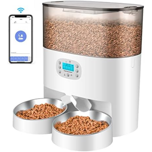 HoneyGuaridan 6L Automatic Cat Feeder for 2 Cats, 2.4G WiFi Enabled Smart Feed Automatic Pet Feeder for Cats & Dogs, Timed Pet Food Dispenser with Stainless Steel Bowl APP Control, 10s Voice Recorder