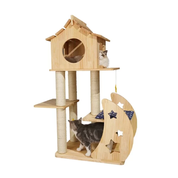 46-inch Cat Tree House, Wooden 4 Level Cat Climbing Tree Frame with Cat Bed and Sisal Scratching Posts