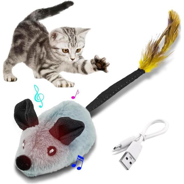 Interactive Cat Mouse Toys with LED Lights - USB Rechargeable Automatic Moving Chirping Squeaky Catnip Toy with Feather Tail - Perfect for Indoor Cats of All Breeds