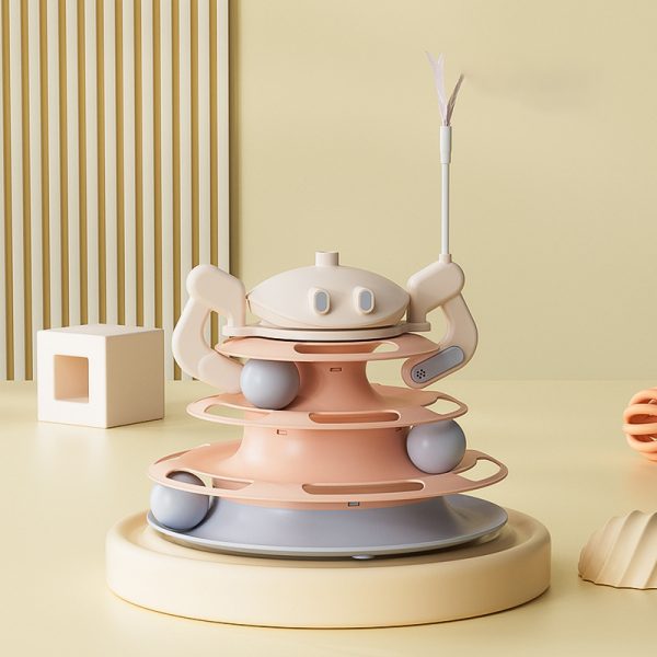 Rotating Plate Cat Toy with Windmill, Feather, Cat Stick, 4-Layer Tower & Tracks - Interactive Cat Entertainment Plate - Image 9