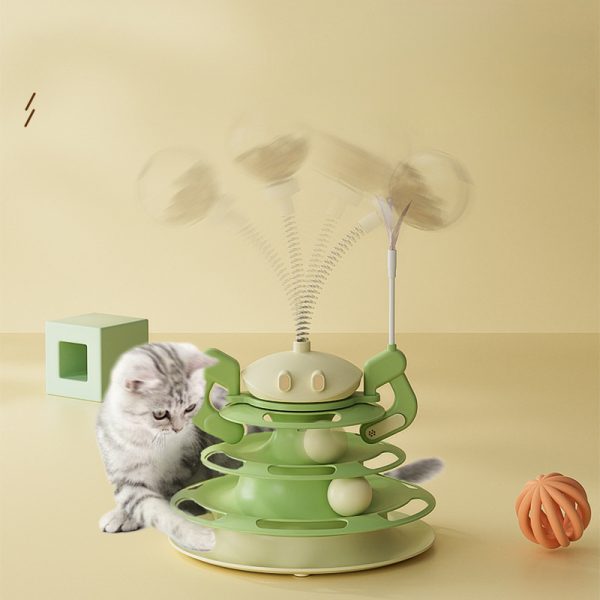 Rotating Plate Cat Toy with Windmill, Feather, Cat Stick, 4-Layer Tower & Tracks - Interactive Cat Entertainment Plate - Image 7