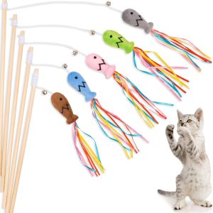 Plant Castle Interactive Cat Toys With Catnip Fish 3 in 1, Cat Wand Toy with Colorful Ribbons, Bell & Wooden Handle for Indoor Cats