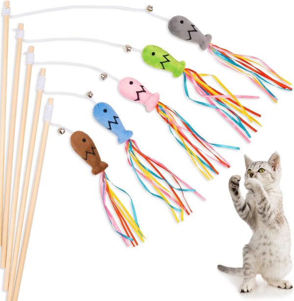 Plant Castle Interactive Cat Toys With Catnip Fish 3 in 1, Cat Wand Toy with Colorful Ribbons, Bell & Wooden Handle for Indoor Cats