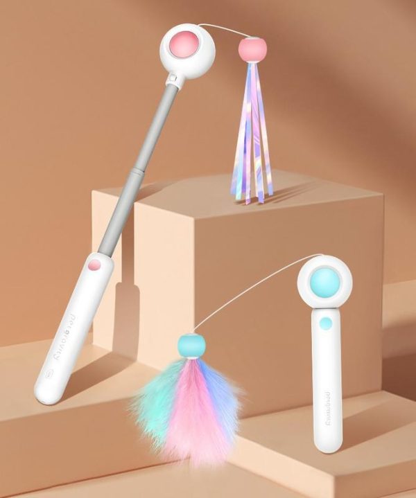 Retractable Laser Cat Stick Toys – Cat Laser Teaser Wand with Telescopic Aluminium Stick, Feather & String Toy, Interactive Cat Toy Balls – Safe, Non-Toxic Materials – Suitable of All Breeds Size